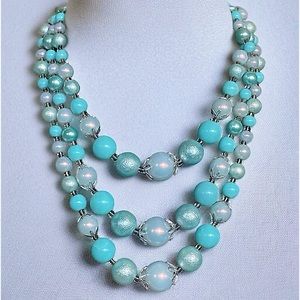 Vintage Signed JAPAN Powder Blue Triple Strand
Necklace
